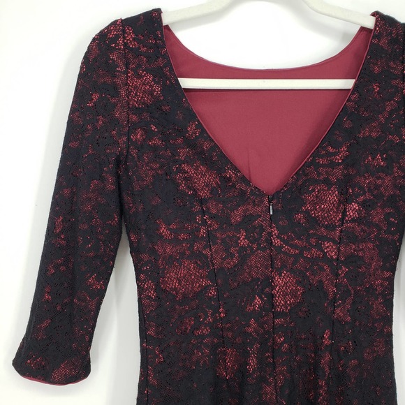 3/$25 Aidan Mattox Mini Dress 2 Sequin Lace Cocktail Party Bodycon Black Red - Picture 4 of 8